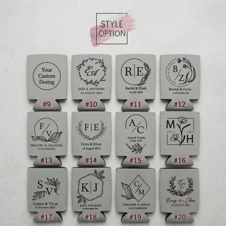 May include: A collection of twelve light gray foam can coolers arranged in a grid, each featuring a unique black printed design with initials, names, and dates. The top of the image displays the text STYLE OPTION with a pink brush stroke accent.