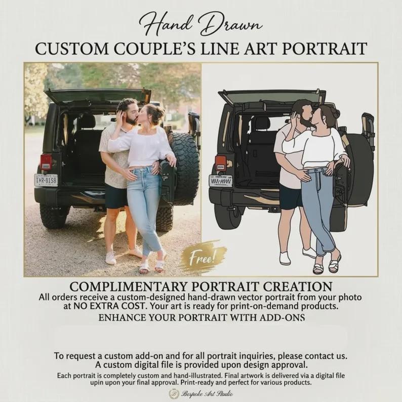 May include: A side-by-side comparison showing a photograph of a couple standing in front of an open SUV trunk and a corresponding hand-drawn vector line art portrait of the same couple. The text reads Hand Drawn CUSTOM COUPLE'S LINE ART PORTRAIT.