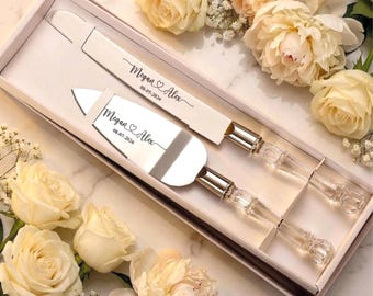 Juego de cuchillo y pala para pastel de bodas personalizado, juego de cortar pastel grabado a medida, regalo de boda con mango transparente, regalo moderno para despedida de soltera.