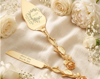 Juego personalizado de oro para cortar pastel de bodas, cuchillo para servir grabado, recuerdo con mango de rosa