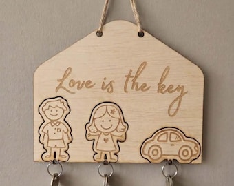 Laser Cut Wooden Key Holder | House Shape, "Love is the Key" Engraved (Digital Download)