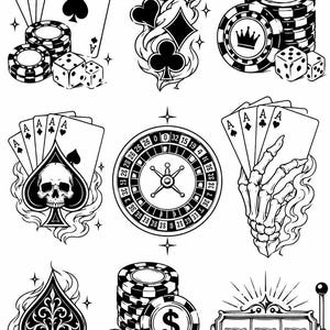 Könnte beinhalten: Schwarz-Weiß-Illustrationen mit Casino-Motiven. Dargestellt sind Spielkarten, Pokerchips, Würfel, ein Rouletterad und ein Spielautomat mit der Zahl 777. Die Designs sind detailliert.