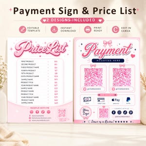 Può includere: Un set di modelli digitali in rosa e bianco con un listino prezzi e un cartello di pagamento. Il listino prezzi include nomi di prodotti con relativi costi, mentre il cartello di pagamento mostra due codici QR e icone di pagamento.
