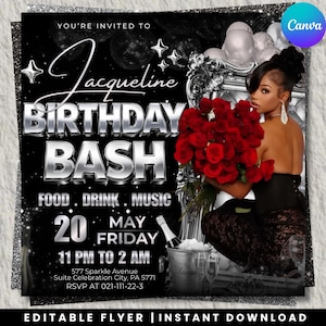 Folleto para fiesta de cumpleaños, invitación glamurosa para fiestas, invitación para eventos editable, diseño personalizable, descarga instantánea, invitación de lujo para celebraciones.
