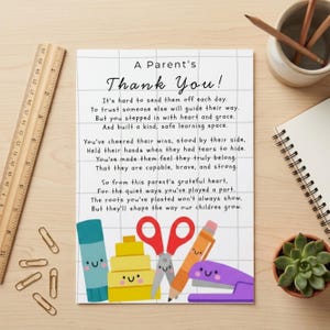 parent thank you card printable, teacher appreciation poem, end of year gift from parents, editable Canva classroom note, teacher thank you card, school staff appreciation, digital download
