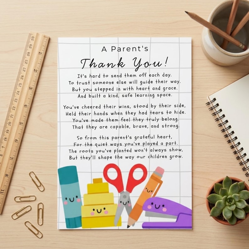parent thank you card printable, teacher appreciation poem, end of year gift from parents, editable Canva classroom note, teacher thank you card, school staff appreciation, digital download