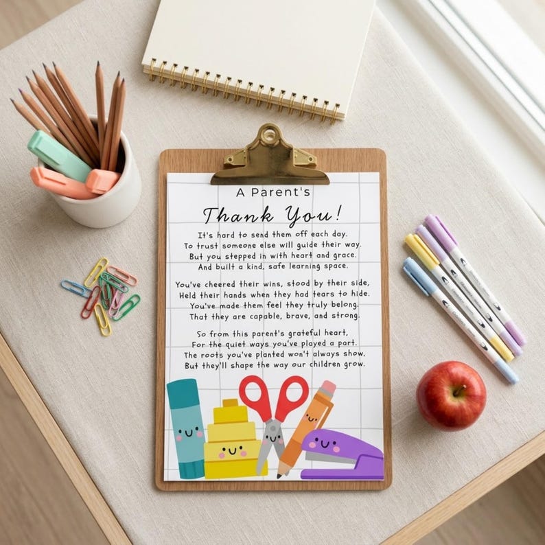 parent thank you card printable, teacher appreciation poem, end of year gift from parents, editable Canva classroom note, teacher thank you card, school staff appreciation, digital download