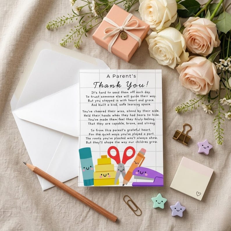 parent thank you card printable, teacher appreciation poem, end of year gift from parents, editable Canva classroom note, teacher thank you card, school staff appreciation, digital download