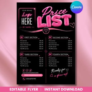 Beauty Price List Template, Salon Service Menu for Lash Nail Hair Stylist, Braiders, Wig, Makeup Printable Pricing Guide Editable DIY Canva