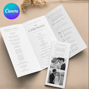 May include: A tri-fold wedding program with a minimalist design. The program includes sections for the wedding party, ceremony details, and reception timeline. A small card features wedding photos and text. The Canva logo is visible.