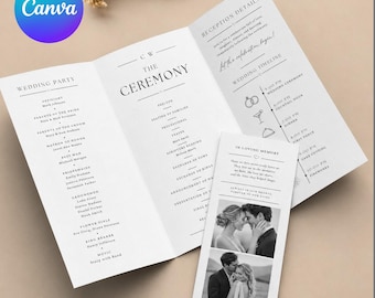 Trifold Wedding Invitation Template, Editable Canva Ceremony Program, Minimalist Timeline Brochure, Printable Download