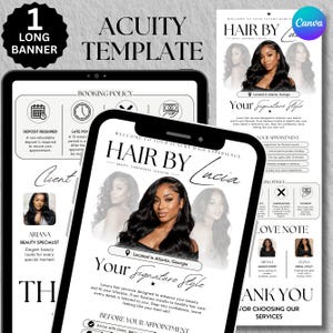 May include: Acuity template design for a hair salon, featuring a black and white layout with the text "Hair by Lucia." The design includes images of a woman with long, flowing hair, and details about booking policies and services.
