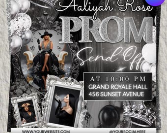 Prom Send-Off Flyer, Editable Canva Template, Aaliyah Rose Prom Party Invitation, Black and Silver Event Flyer, Instant Download
