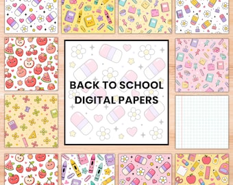 Zestaw bezszwowych wzorów na powrót do szkoły, uroczy pakiet papieru cyfrowego do klasy, zestaw tła szkolnego do scrapbookingu w stylu kawaii w formacie PNG, materiały do druku