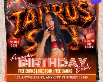 Editable Taurus Birthday Bash Flyer, Taurus Party Invitation, Customizable Event Flyer, Free Drinks, Free Snacks, Instant Download, Canva