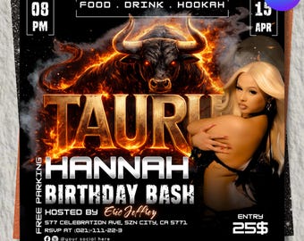 Editable Taurus Birthday Bash Flyer, Customizable Party Invitation, Free Parking, Hookah, Drinks, Digital Download, Canva Template