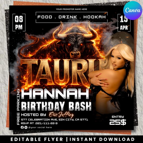 Editable Taurus Birthday Bash Flyer, Customizable Party Invitation, Free Parking, Hookah, Drinks, Digital Download, Canva Template