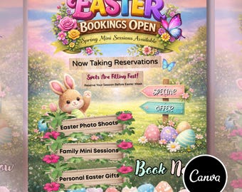 Easter Bookings Open Flyer - Spring Mini Sessions Available - Editable Canva Template - Easter Photo Shoots - Family Mini - Instant Download