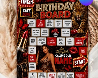 Szablon gry planszowej „Gepard Birthday”, edytowalna aktywność na imprezę dla dziewcząt, świętowanie w stylu Wild Safari, wydruk Canva, wyzwanie „Fun Night”