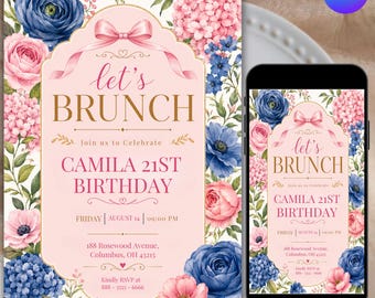 Zaproszenie na brunch z okazji 21. urodzin, zaproszenie na brunch z kwiatami, przyjęcie z różowo-niebieskimi kwiatami, eleganckie urodziny dla dziewczynki, edytowalny szablon Canva