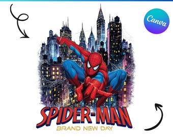 Projekt koszulki z grafiką "Web Superhero Swinging City Night", retro-vintage clipart z komiksowym bohaterem, prezent urodzinowy dla chłopca z superbohaterem w formacie PNG
