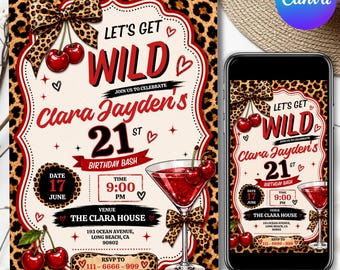 Edytowalne zaproszenie na przyjęcie urodzinowe Wild, konfigurowalny szablon Canva, cyfrowe zaproszenie z nadrukiem w panterkę i wzorem wiśni