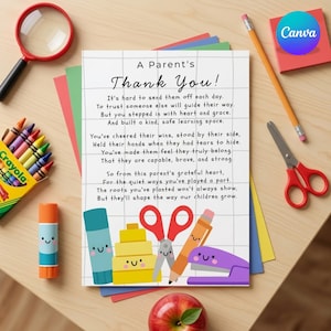 May include: A printed card with the text "A Parent's Thank You!" surrounded by school supplies like crayons, scissors, and a pencil. The card has a grid background and a poem. A red apple sits at the bottom.
