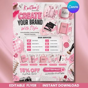 May include: A promotional flyer for Keitha's Creative Studio featuring pink branding elements. It displays services like logo design, custom printing, and business essentials, alongside images of a hoodie, mug, notebook, tumbler, tote bag, and keychain.