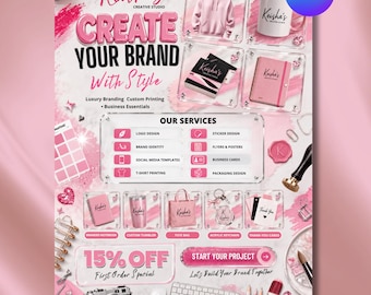 Ulotka o usługach brandingowych, niestandardowy szablon marketingowy do druku, promocja firmy w serwisie Canva, reklama w mediach społecznościowych, różowa luksusowa grafika