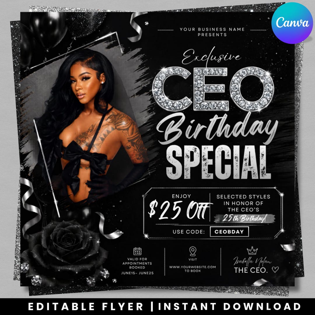 CEO Birthday Flyer, Editable Canva Boutique Sale, Black Silver Glam ...