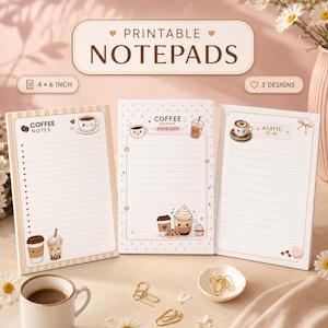 Può includere: Tre blocchi note stampabili da 10,16 x 15,24 cm con illustrazioni a tema caffè. Il blocco a sinistra ha bordi a righe, quello centrale presenta pois e testo sul caffè, mentre quello a destra include una lista di cose da fare latte.