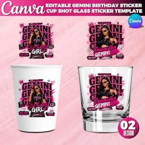 Könnte beinhalten: Ein Set von Gemini-Geburtstagsaufklebern und Schnapsgläsern. Das Design zeigt eine Frau mit Sonnenbrille, die Worte "Gemini Girl" und den Namen "Samantha". Das Farbschema ist Pink und Schwarz. Der Text "May 25th" ist ebenfalls enthalten.