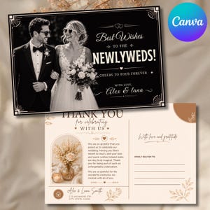 May include: A black and white wedding card featuring a couple, with text reading Best Wishes TO THE NEWLYWEDS! CHEERS TO YOUR FOREVER WITH LOVE, Alex & lana. Below is a thank you postcard with text THANK YOU for celebrating WITH US and a floral image.