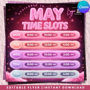 Puede incluir: Un folleto rosa y morado con el texto "AVAILABLE IN MAY TIME SLOTS". El folleto enumera los horarios de lunes a viernes, con horarios que van de 8:00 a 16:00. El logotipo de Canva está en la esquina superior derecha.
