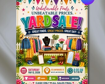 Yard Sale Flyer Template, Garage Sale Flyer, Rummage Sale Flyer, Community Yard Sale Sign, Editable Canva Template