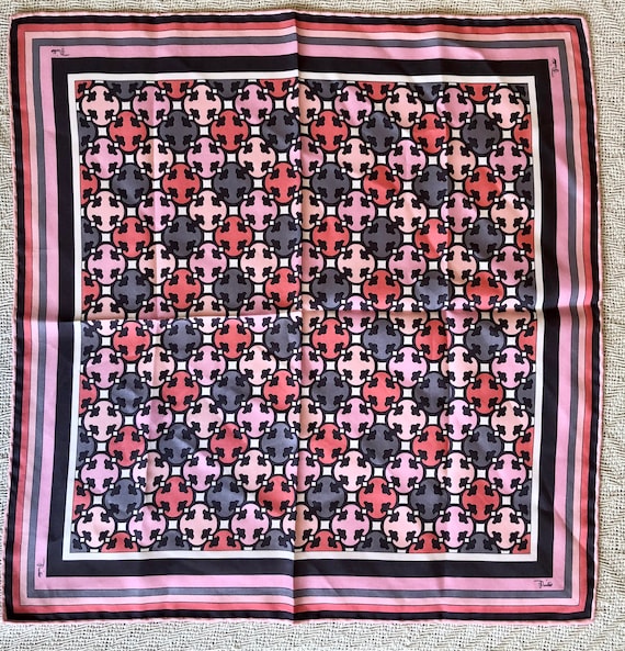 Vintage Indian Pink gold blue and black abstract 60s silk scarf or mens pocket square