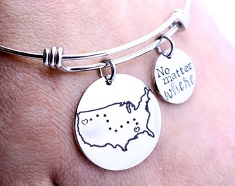 Long Distance Friendship Bangle - Engraved US Map Bracelet