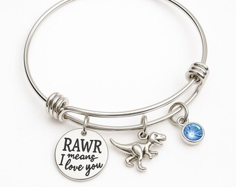 Dinosaur Charm Bangle Bracelet – "RAWR Means I Love You", Birthstone