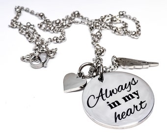 Heartfelt Memorial Necklace - Always in My Heart Remembrance Jewelry - Thoughtful Bereavement Keepsake - In Loving Memory Necklace