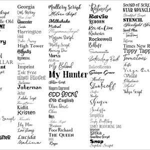 May include: A black and white image of a large collection of different font names. The fonts are arranged in columns and rows, with each font name displayed in its own unique style.