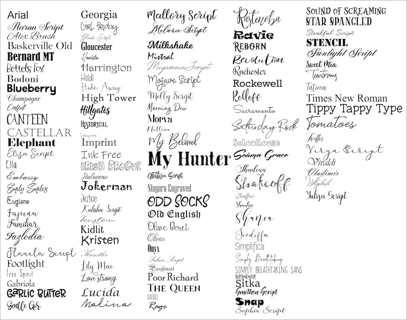 May include: A black and white image of a large collection of different font names. The fonts are arranged in columns and rows, with each font name displayed in its own unique style.
