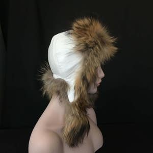Russian Raccoon Fur Hat GIRLS Teen SMALL Size Zimushka Aviator Pompoms WHITE Leather Top Arctic Store®