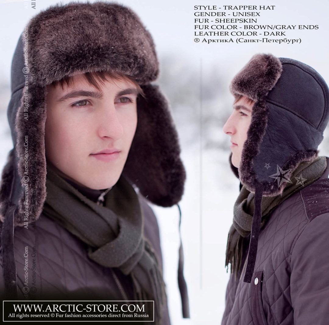 Sheepskin Trapper Ushanka Aviator Russian Fur Hat Unisex GRAY BROWN Size XL  Arctic Store® Arktika