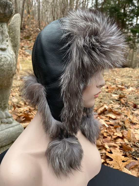 Silver fox and Black leather fur  Aviator Hat Real Silver Fox Trapper Hat for Men, Oversized Men main image 3