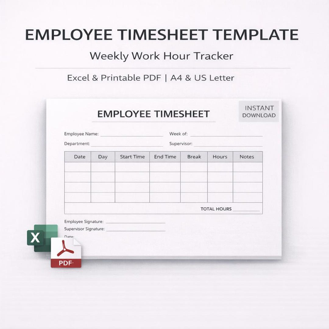 Employee Timesheet Template: Weekly Work Hour Tracker (excel & PDF ...
