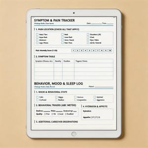 Può includere: Un tablet bianco mostra un modulo di rilevamento dei sintomi e del dolore. Il modulo include sezioni per la posizione del dolore, la tabella dei sintomi, lo stato d'animo e comportamentale, i fattori scatenanti comportamentali, l'idratazione e l'appetito. Il testo include "Symptom & Pain Tracker".