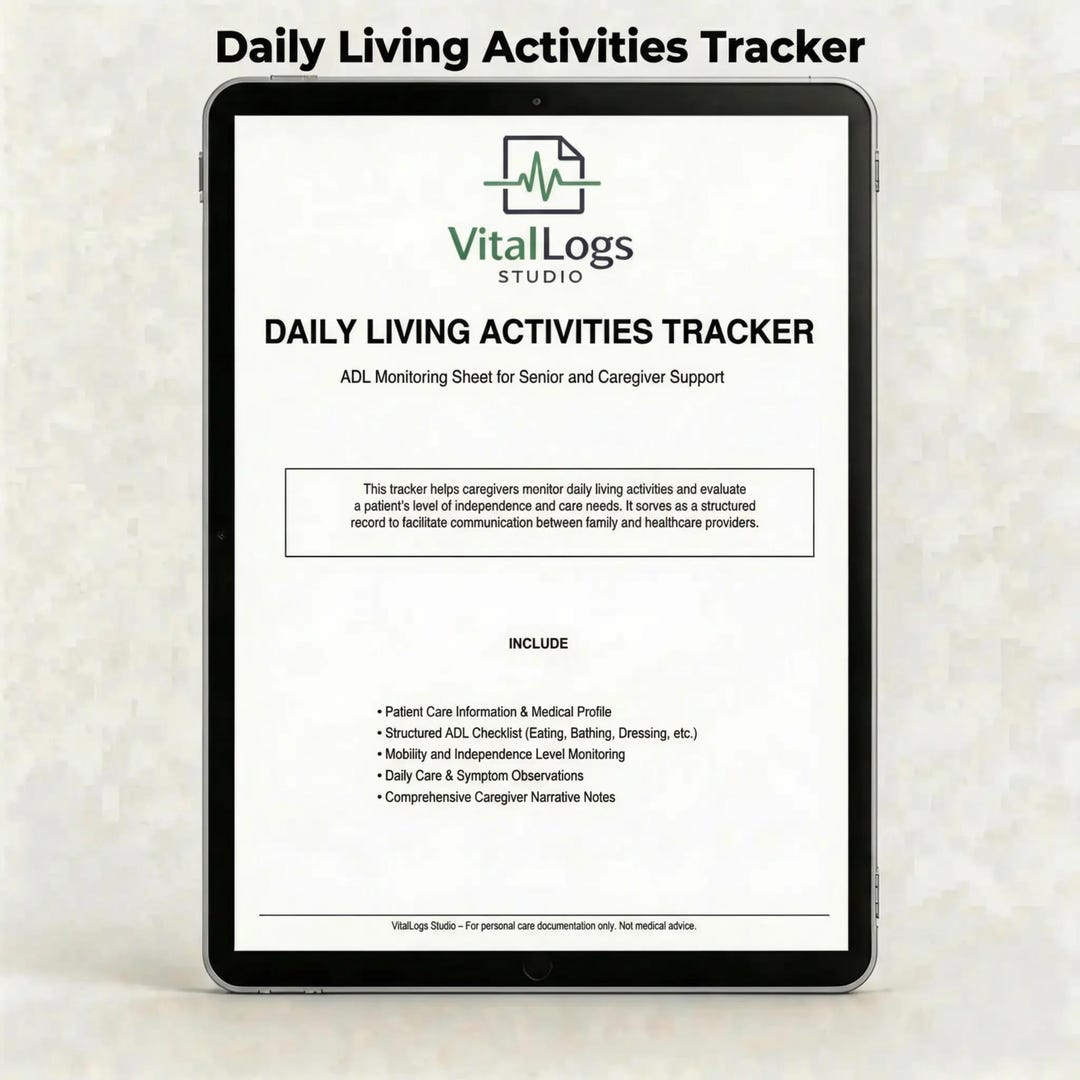 Daily Living Activities Tracker Printable PDF ADL Monitoring Log Senior ...