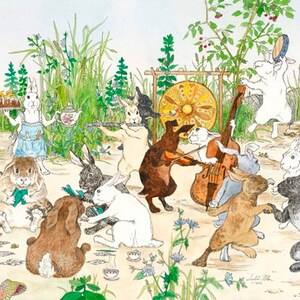 Large Hedgerow Hop Bunnies Unframed Giclee Print 12.75x30 image 1