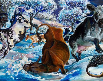 Cows unframed Giclee Print 8"x18" paper (Frozen Frolic)