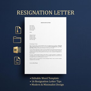 Puede incluir: Una plantilla de carta de renuncia blanca con un diseño minimalista, con marcadores de posición para información personal y de la empresa. La imagen incluye iconos para los formatos Word y PDF, junto con el texto "Plantilla de Word editable" y "16 consejos para cartas de renuncia."